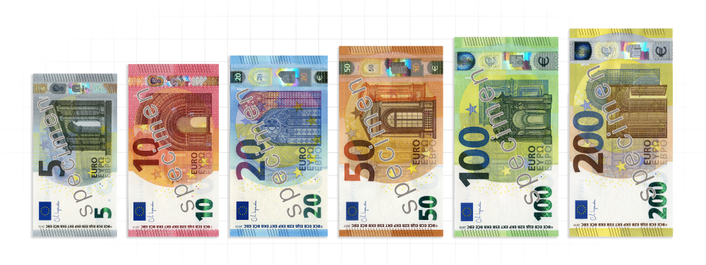 Kuvassa ovat kaikki kuusi euroseteliä pienimmästä suurimpaan. Ensimmäisenä on viiden euron seteli, viimeisenä kahdensadan euron seteli.